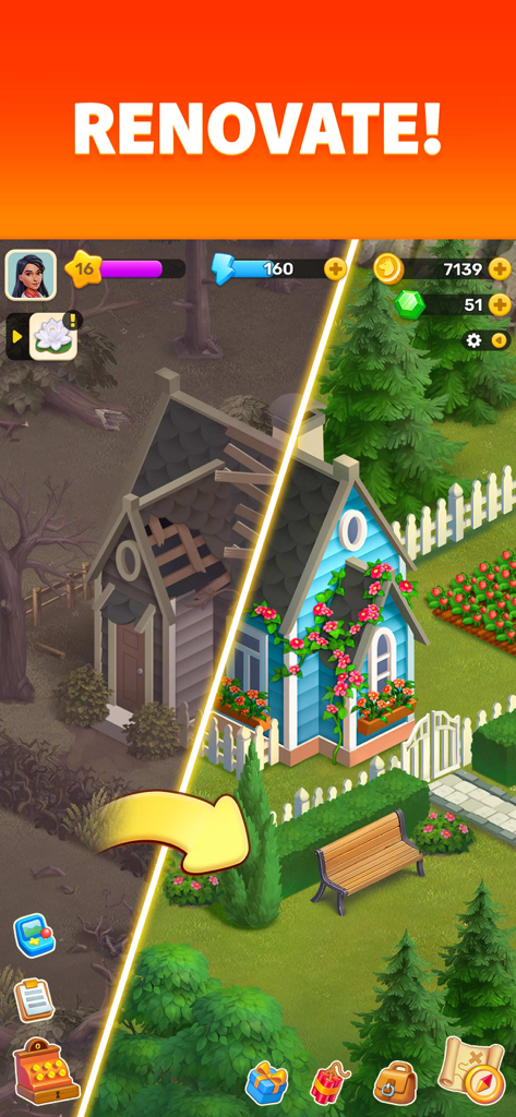 Klondike Adventures: Farm Game - Comparação de antes e depois da reforma de uma casa no jogo de fazenda Klondike Adventures