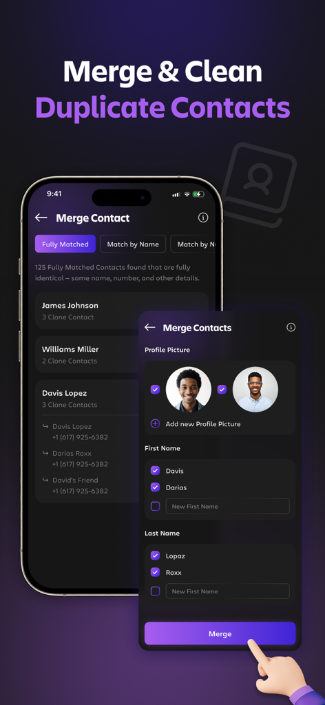 Duplicate Cleaner App-Softices - Duplicate Cleaner App interface for merging and cleaning duplicate contacts on iPhone