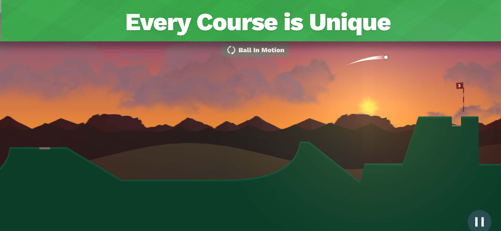 Jugabilidad de Mini Golf King mostrando un campo único con una bola en movimiento al atardecer