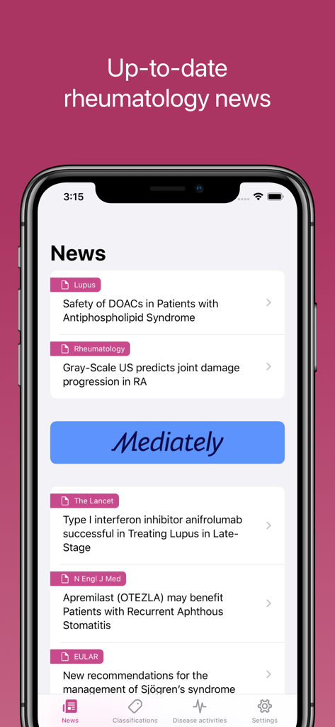 Screenshot of the RheumaHelper app showing a news feed with the latest rheumatology research and medical articles