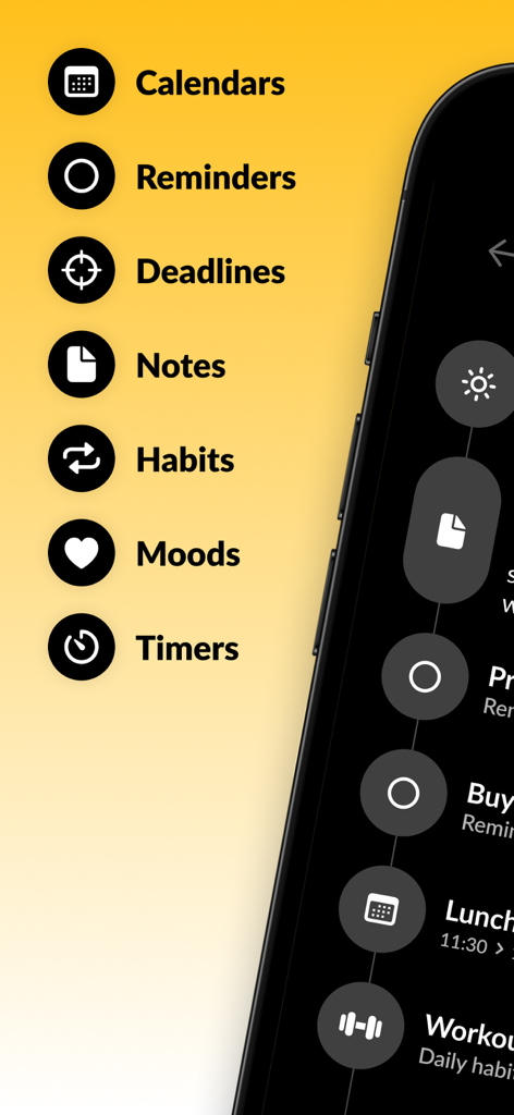 Evo - The Everything App - A list of productivity features in the Evo app including calendars, reminders, notes, and habits displayed on a yellow background next to a smartphone screen.