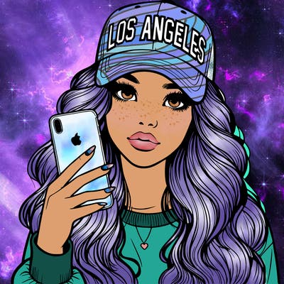 realistic beautiful girl wearing los ángeles cap holding an iphone