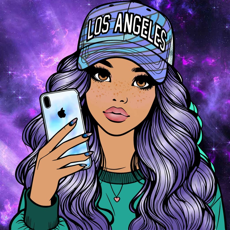 realistic beautiful girl wearing los ángeles cap holding an iphone
