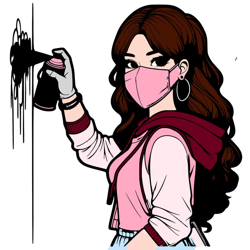 realistic girl with mask spray painting a wall