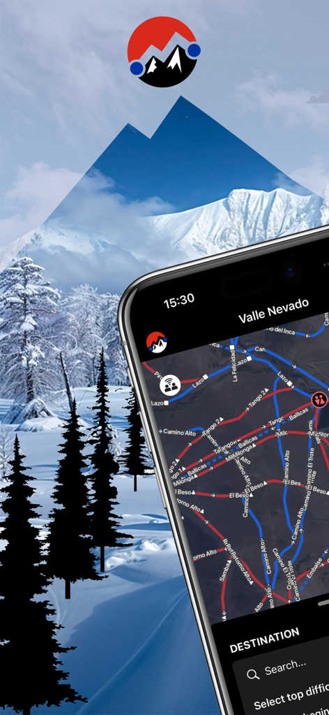 Valle Nevado Ski - Valle Nevado Ski app displaying a mountain trail map on a smartphone