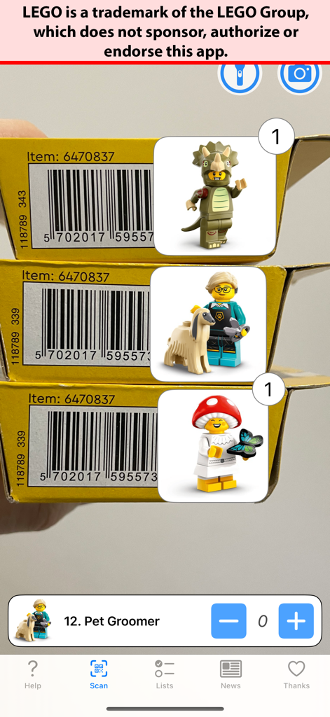 Minifig Scan - Minifig Scan app interface showing three identified LEGO minifigures after scanning cardboard boxes