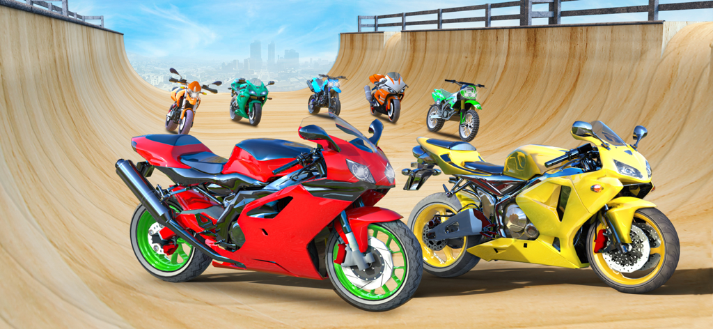 Múltiples motocicletas deportivas coloridas en una mega rampa de madera con fondo de ciudad