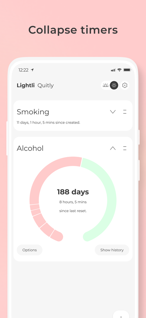 Quitly app interface showing collapsible sobriety timers for smoking and alcohol with a progress ring indicating 188 days clean