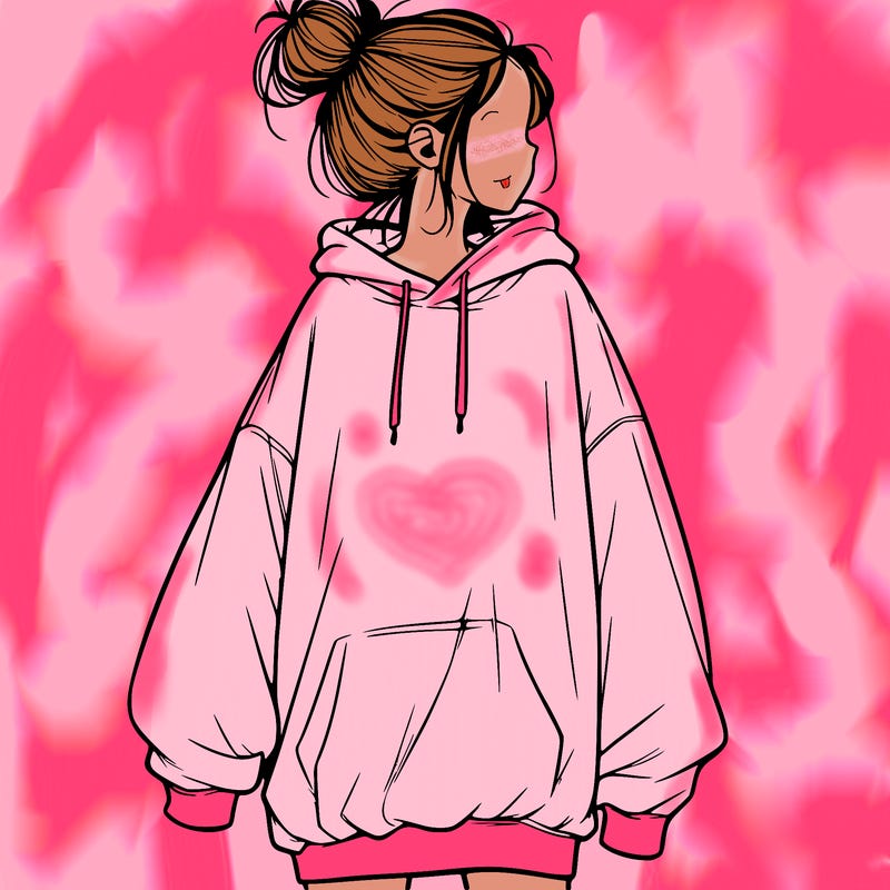 realistic girl with a oversized sweatshirt on and a bun