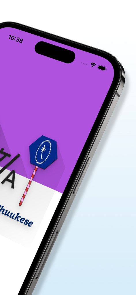 English to Chuukese Translator app interface on a mobile phone featuring the Chuuk flag icon and purple theme