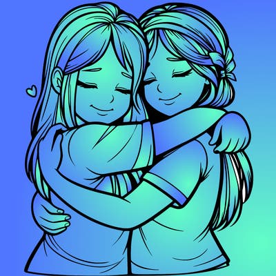 two girls hugging realistic