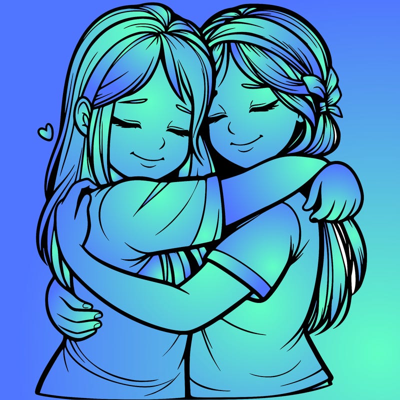 two girls hugging realistic