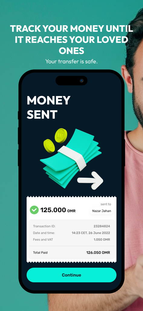Walletii app confirmation screen showing a successful money transfer to Oman with transaction details