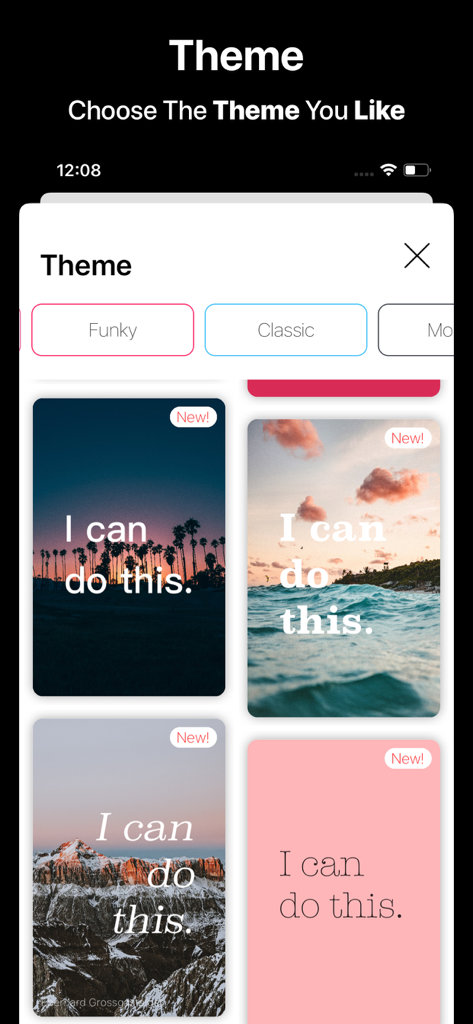 Motivation Daily Quote Widget - App interface showing diverse aesthetic themes for daily motivational quotes.