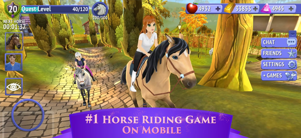 Two characters riding horses on a path in the 3D world of Horse Riding Tales Wild World