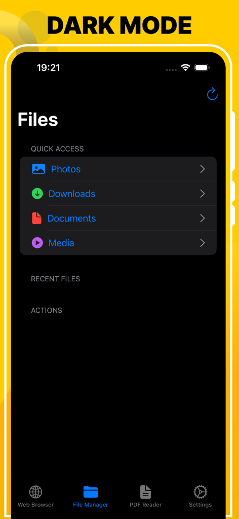 Blue Light Filter - Dark Mode - Interfaz del gestor de archivos de la aplicación Filtro de Luz Azul en modo oscuro, con categorías para fotos, descargas, documentos y multimedia.