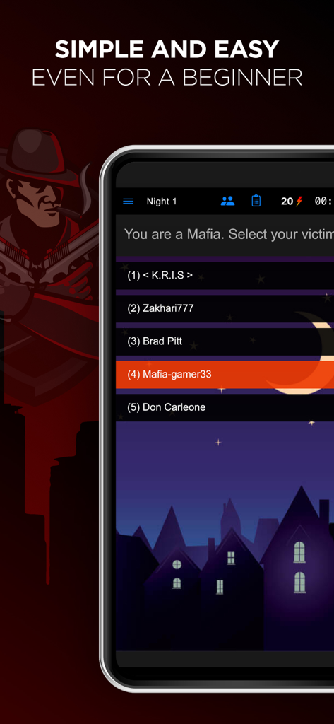 Mafia Game: Play with Friends - Mobile game screen of Mafia Game showing a player with the Mafia role choosing a victim during Night 1.