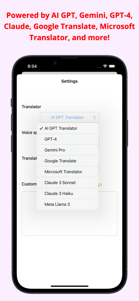 XTranslate AI - XTranslate AI settings menu showing selectable translation engines including GPT-4, Gemini Pro, Claude 3, and Meta Llama 3.