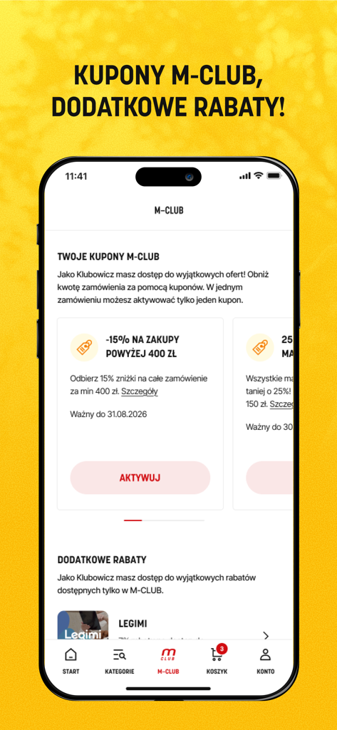 Martes Sport app M-CLUB screen displaying loyalty discount coupons and exclusive member offers