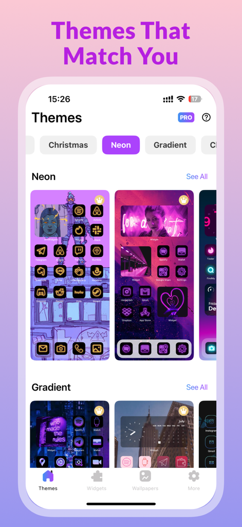 Mixy-Themes, Lock Widget - Interfaccia dell'app Mixy che mostra temi per telefono estetici al neon e sfumati