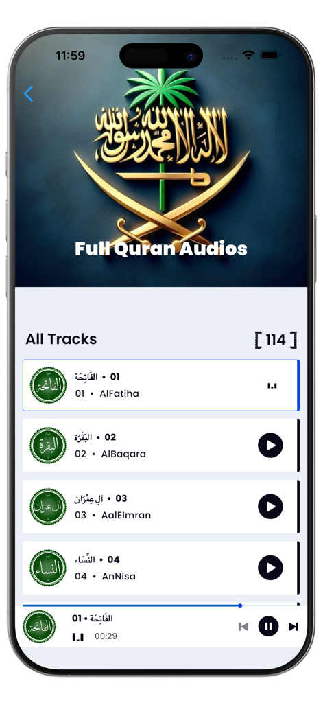Offline Quran MP3 Audio - Interface do aplicativo Áudio MP3 do Alcorão Offline mostrando uma lista de suras e o controlador de reprodução em segundo plano.