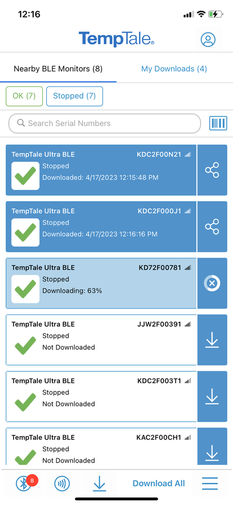 TempTale App - Screenshot of the TempTale app showing a list of nearby Bluetooth temperature monitors with status indicators and download options