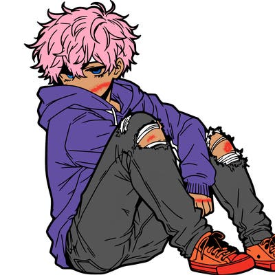 a male hoddie ripped jeans messy hair anime