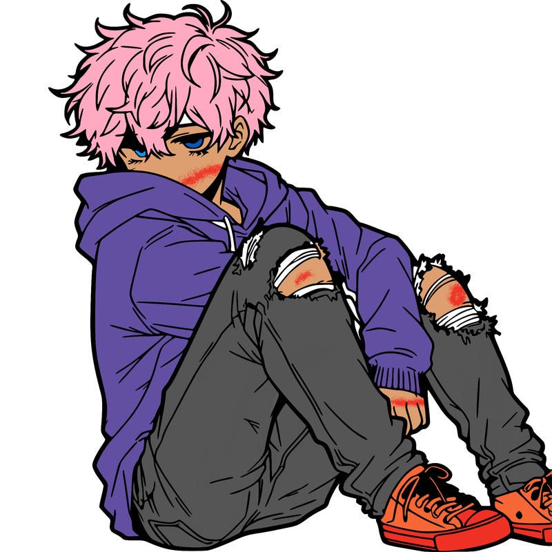 a male hoddie ripped jeans messy hair anime