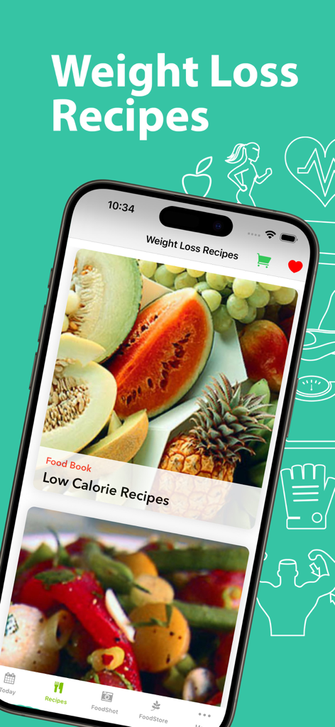 Weight Loss Recipe Book - Weight Loss Recipes app interface showing low calorie food suggestions with fresh fruit