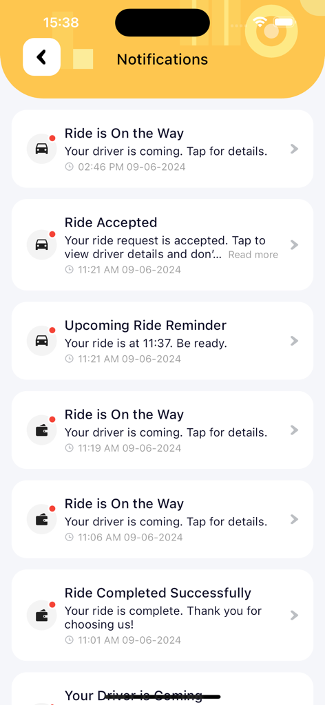 The notifications screen of the Mr Taxi app displaying various ride status updates such as ride accepted and ride completed