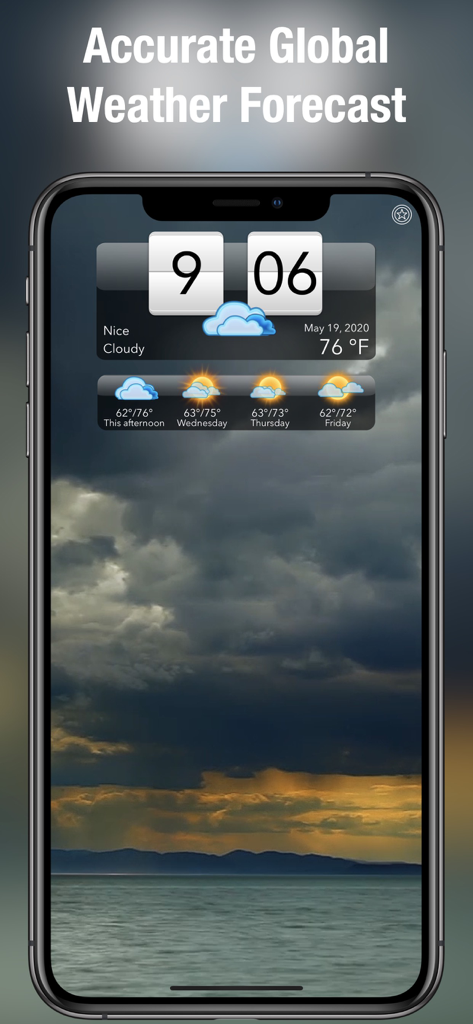 Living Weather HD Live - Living Weather HD app displaying an accurate global weather forecast on a smartphone with a cinematic cloudy sky background