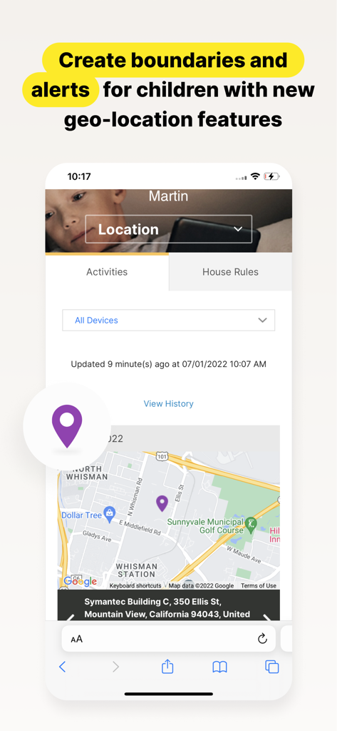 Norton Family app interface showing a map with a child's location and geo-location alert features for parents.
