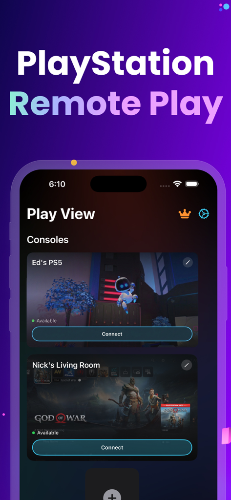 Play View - Remote Play Client - Interfaccia dell'app Play View che mostra un elenco di console PlayStation disponibili per la connessione remota