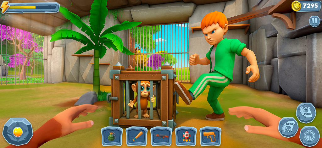 Monkey from Hell Zoo Cage Game - Jogabilidade de um tratador chutando um macaco em uma jaula dentro de um recinto de zoológico