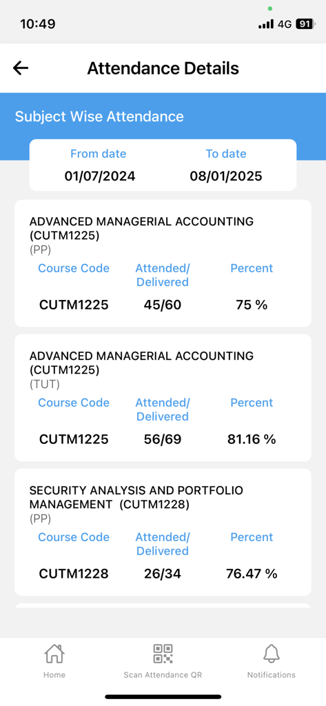 Attendance details screen showing subject wise attendance records and percentages for a student
