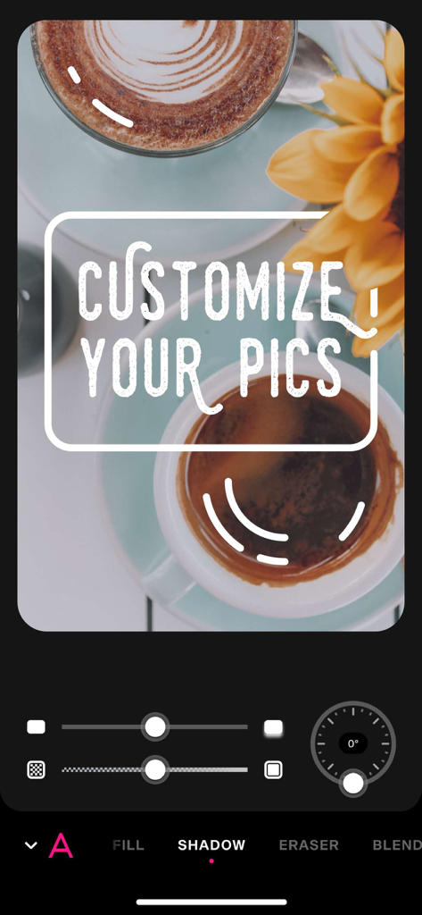Interface de l'application Font Candy montrant les outils d'édition d'ombre de texte sur une photo de café