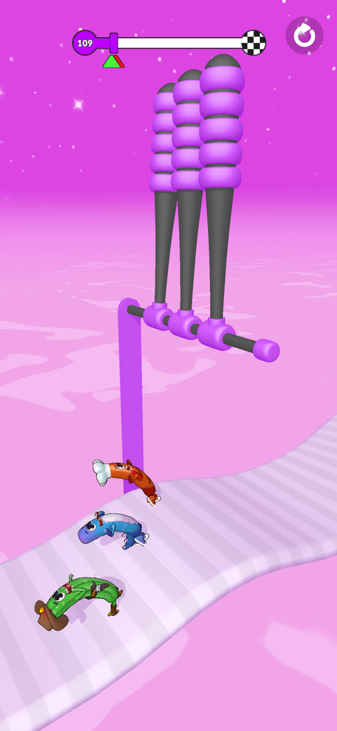 Characters dodging swinging hammers in the Wacky Run mobile game.