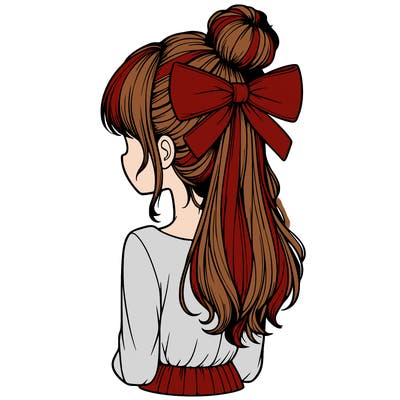 realistic girl  with hip length hair a bun and a big bow on the back of head