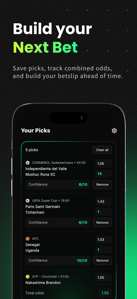 Smartphone screen displaying the Your Picks section of Jarvis Bet with AI match predictions and total odds