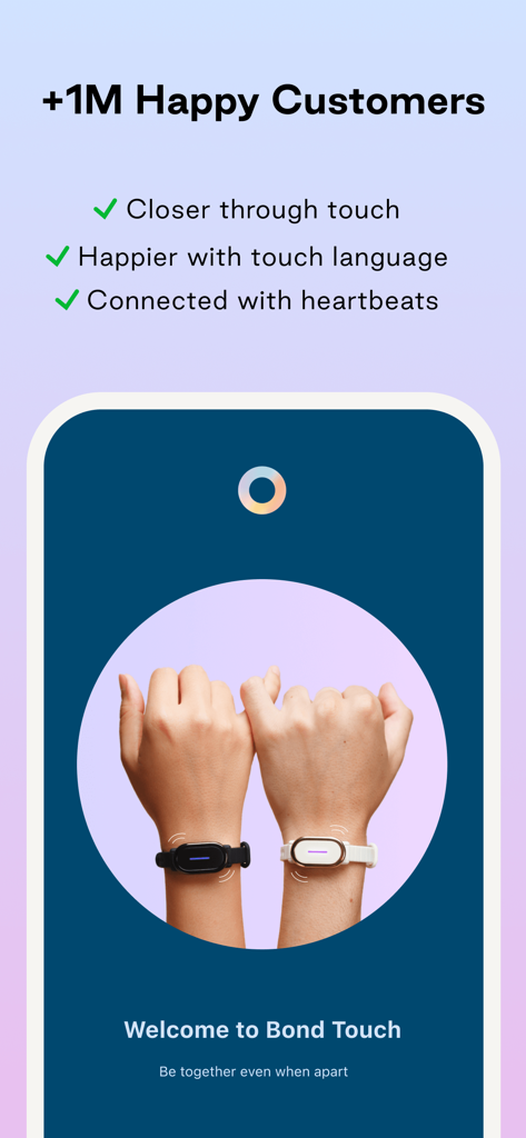 Pantalla de bienvenida de la aplicación Bond Touch que muestra dos manos con pulseras táctiles y una lista de funciones para relaciones para más de un millón de clientes.