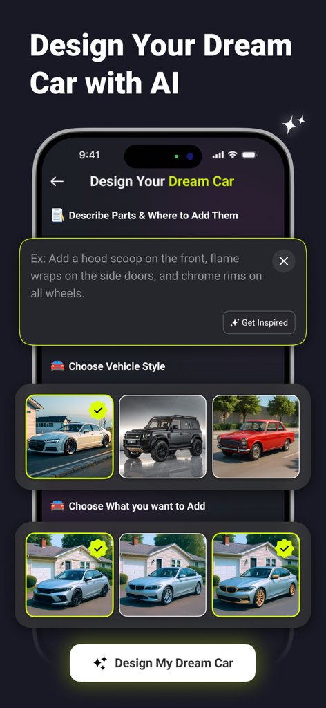 AI Car Designer Modify: AI Car - AI Car Designer app screen showing vehicle style selection and customization prompt options