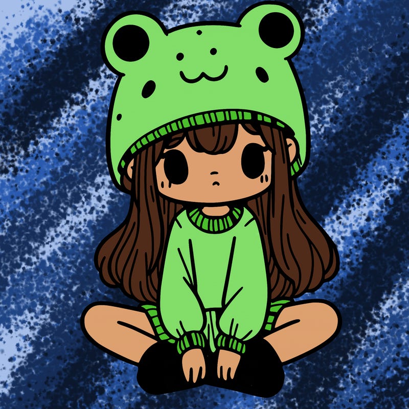 a girl wearing a frog hat and some frog socks