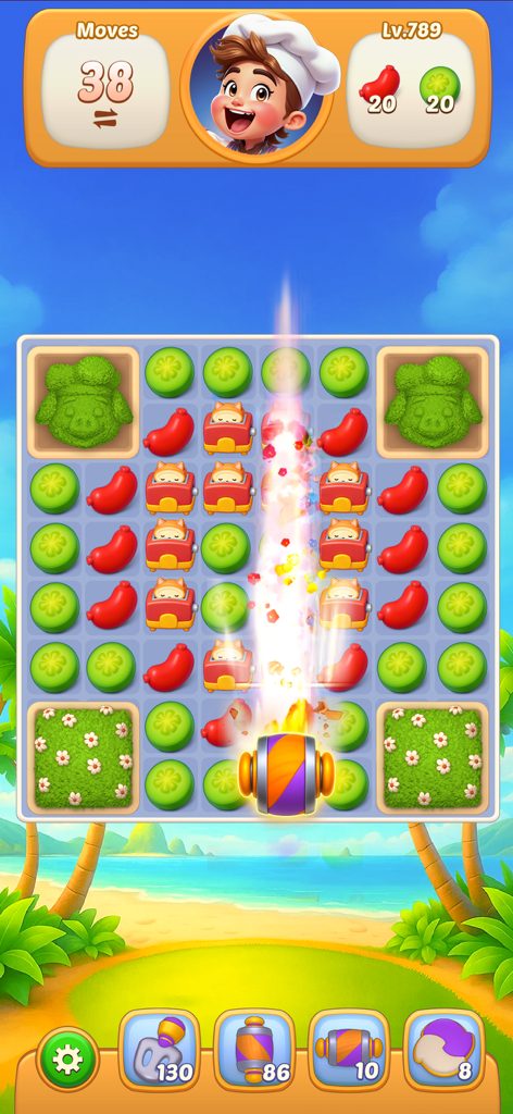 Chef Treat - Chef Treat match 3 puzzle gameplay featuring food items and a booster effect on a beach background