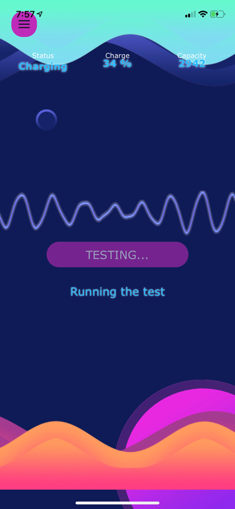 Ampere Battery Charging Check - Una interfaz móvil para la aplicación Ampere que muestra una prueba de carga de batería en progreso con una línea de frecuencia ondulada y porcentaje de carga.