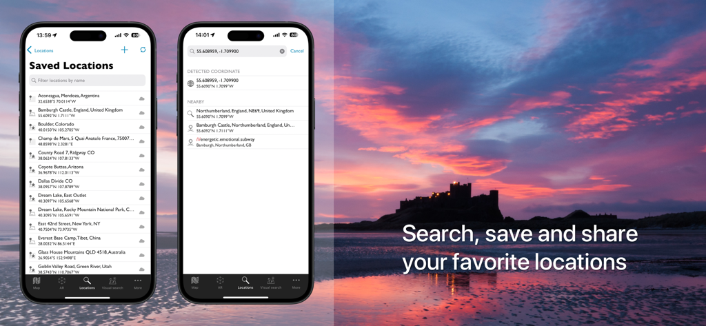 The Photographer's Ephemeris - Pantallas móviles de la aplicación The Photographer's Ephemeris que muestran ubicaciones guardadas y funciones de búsqueda sobre un paisaje al atardecer.