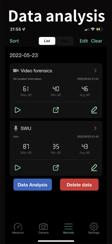 Decibel Meter: Sound dB Level - Tela de análise de dados do aplicativo medidor de decibéis mostrando uma lista de níveis de som registrados com dados máximos, mínimos e médios de decibéis.