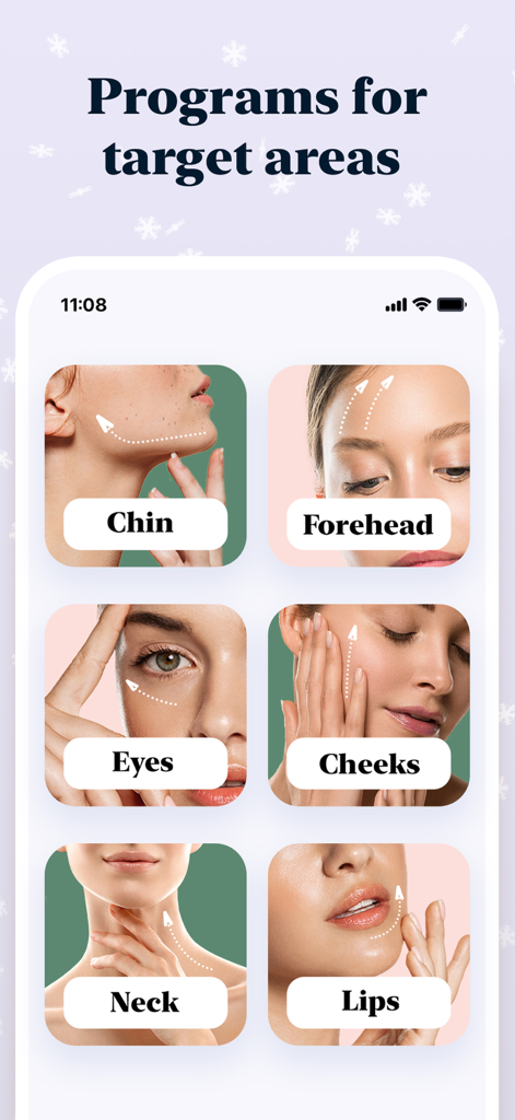 Una pantalla de menú en la app Luvly que muestra varios programas de yoga facial para áreas específicas, incluyendo la barbilla, frente, ojos, mejillas, cuello y labios.