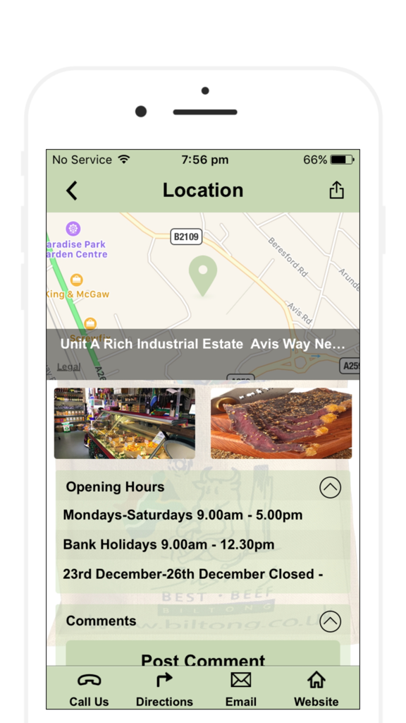Biltong - Biltong app location page showing store address map opening hours and contact information