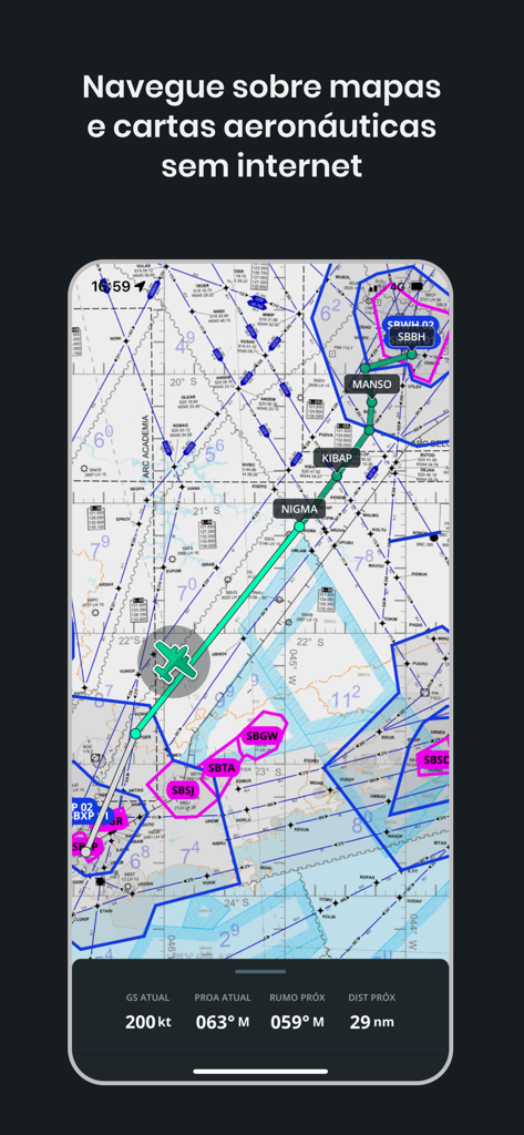 NexAtlas - NexAtlas mobile app interface showing an aeronautical chart with a flight route and real-time navigation data