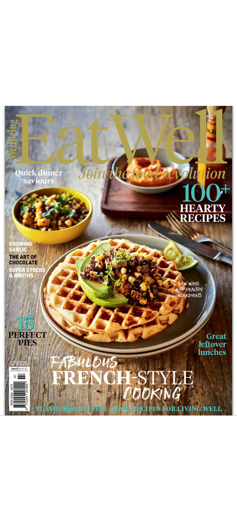 Eat Well magazine cover featuring savory waffles with avocado and corn topping